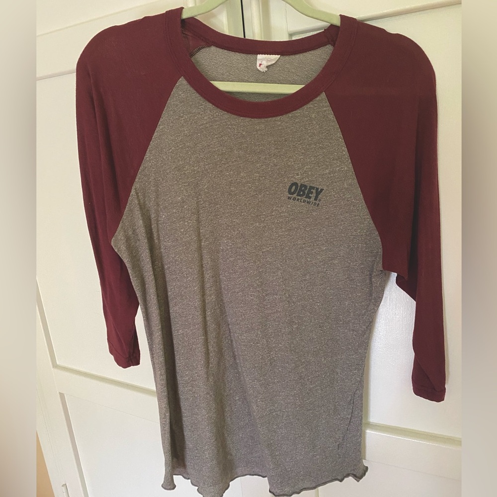 Obey Burgundy and Gray Raglan Tee